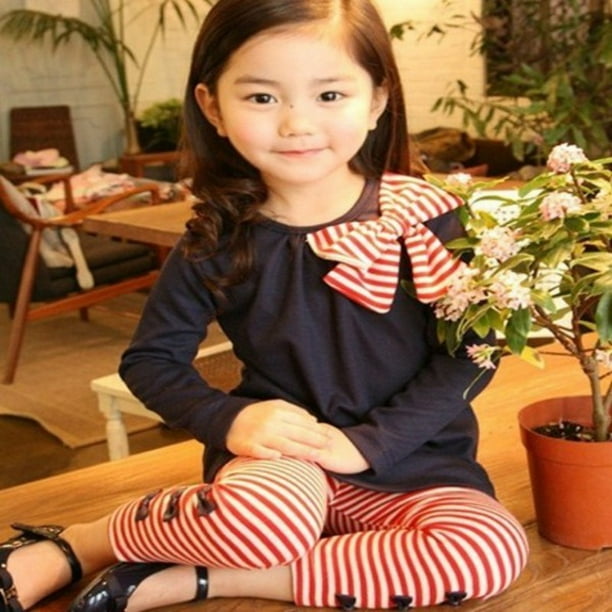 Kids Baby Girls Bowknot T-shirt Dress Tops Striped Trousers Clothes Outfits Sets